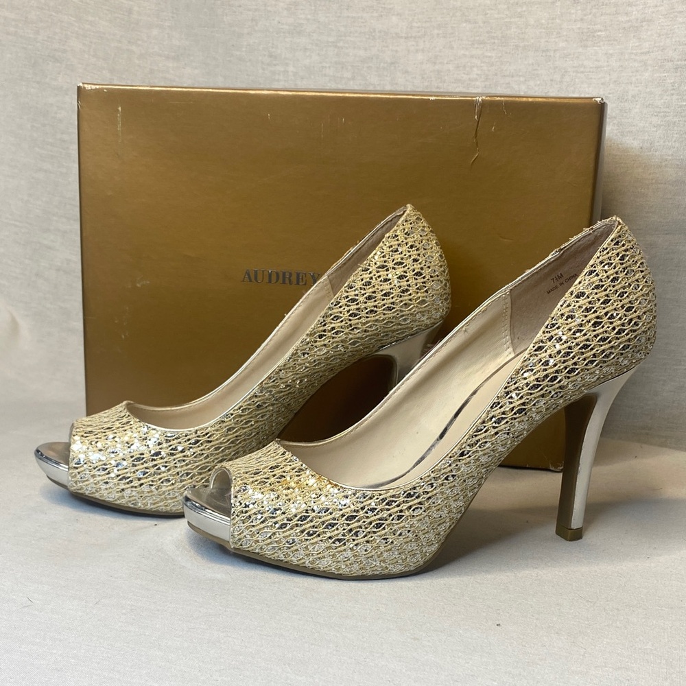 Audrey Brooke Metallic Gold Peep Toe Heels